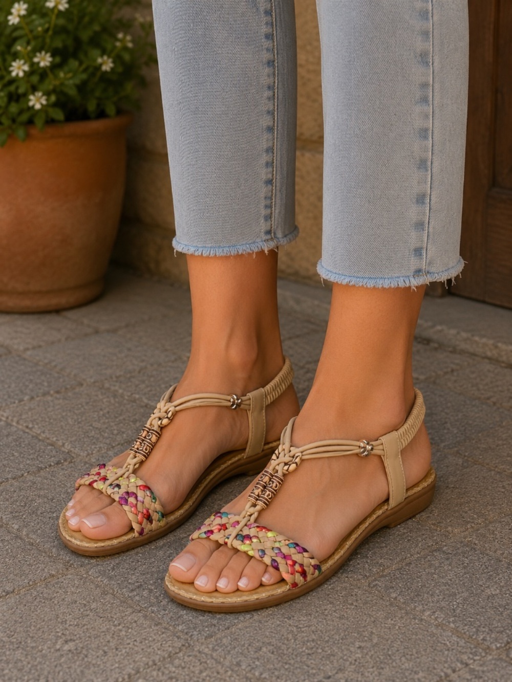 Littleplum Women's Tan Braided Sandals Size 7 Multicolor Beaded T-Strap Boho